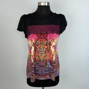 Bila Womans Boho Bohemian Cap Sleeve Paisley Print Shirt